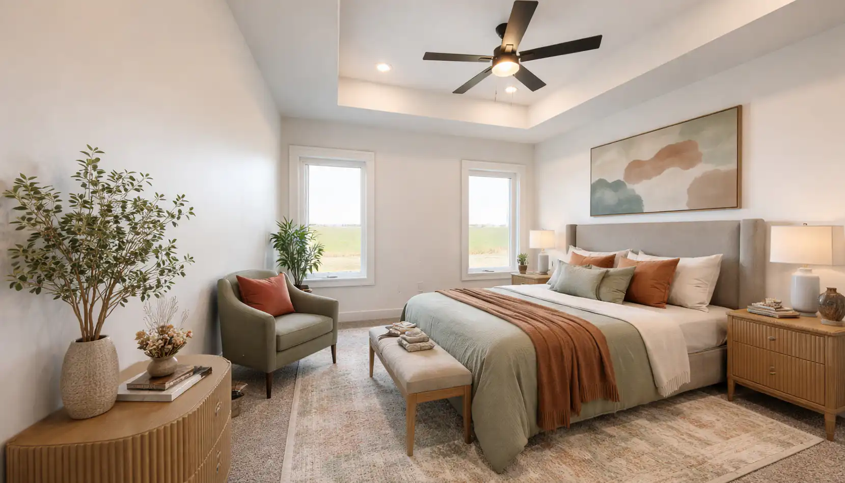Modern bedroom with a large bed, neutral bedding, orange Leo-inspired accents, two windows, an armchair, plants, a light rug, wooden nightstands, lamps, and abstract art above the bed. A ceiling fan and recessed lighting are overhead