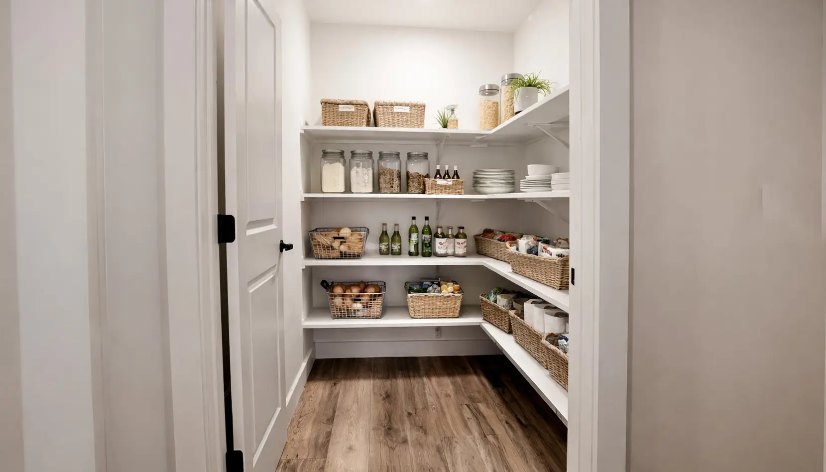 A neatly organized Asher pantry with white shelves holding baskets, jars, bottles, and dishes. The wooden floor adds warmth, and small plants provide a fresh touch