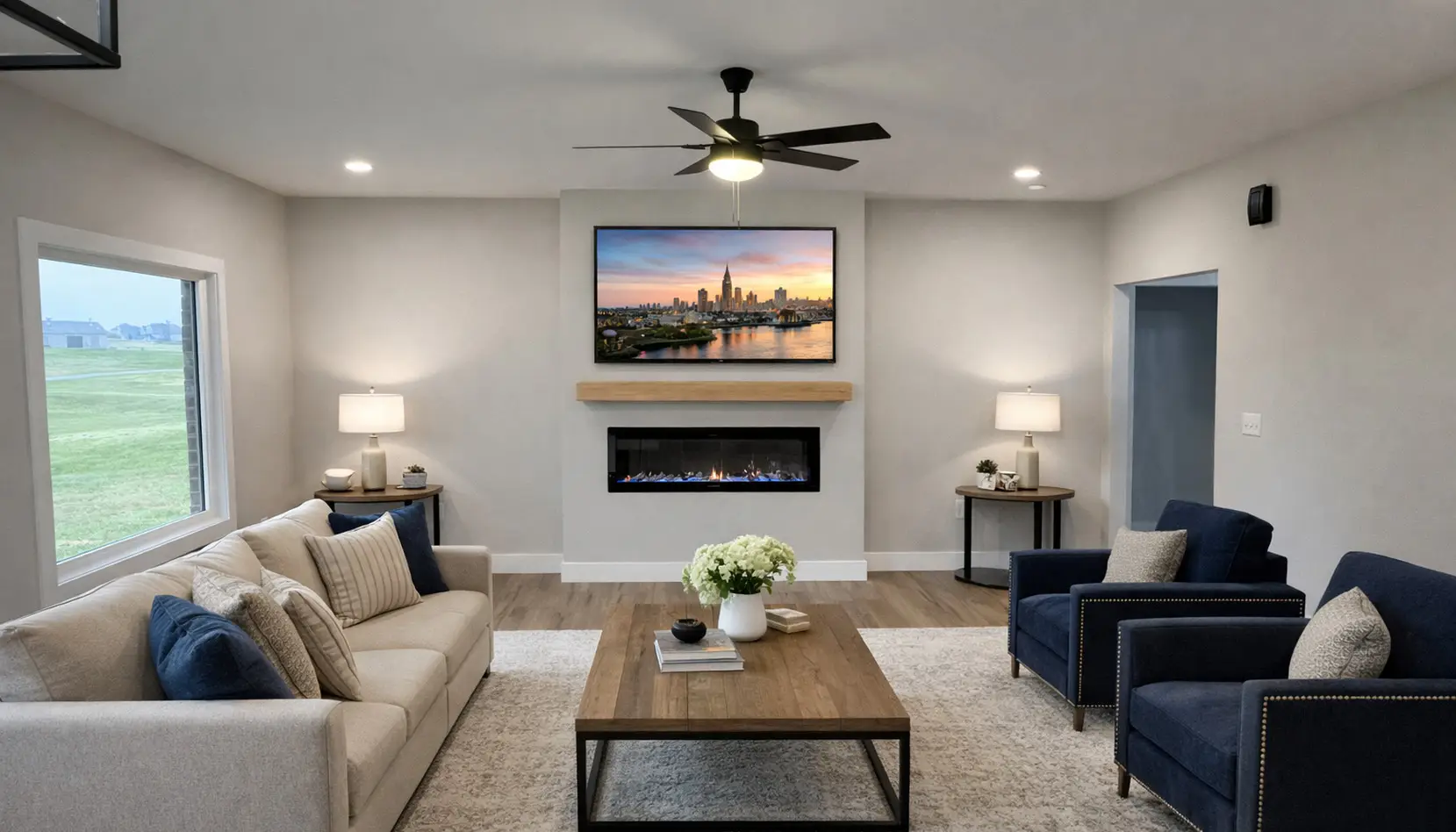 Modern living room with an Asher beige sofa, two blue armchairs, a wooden coffee table, a fireplace under a wall-mounted TV, two side tables with lamps, and a large window overlooking a grassy field