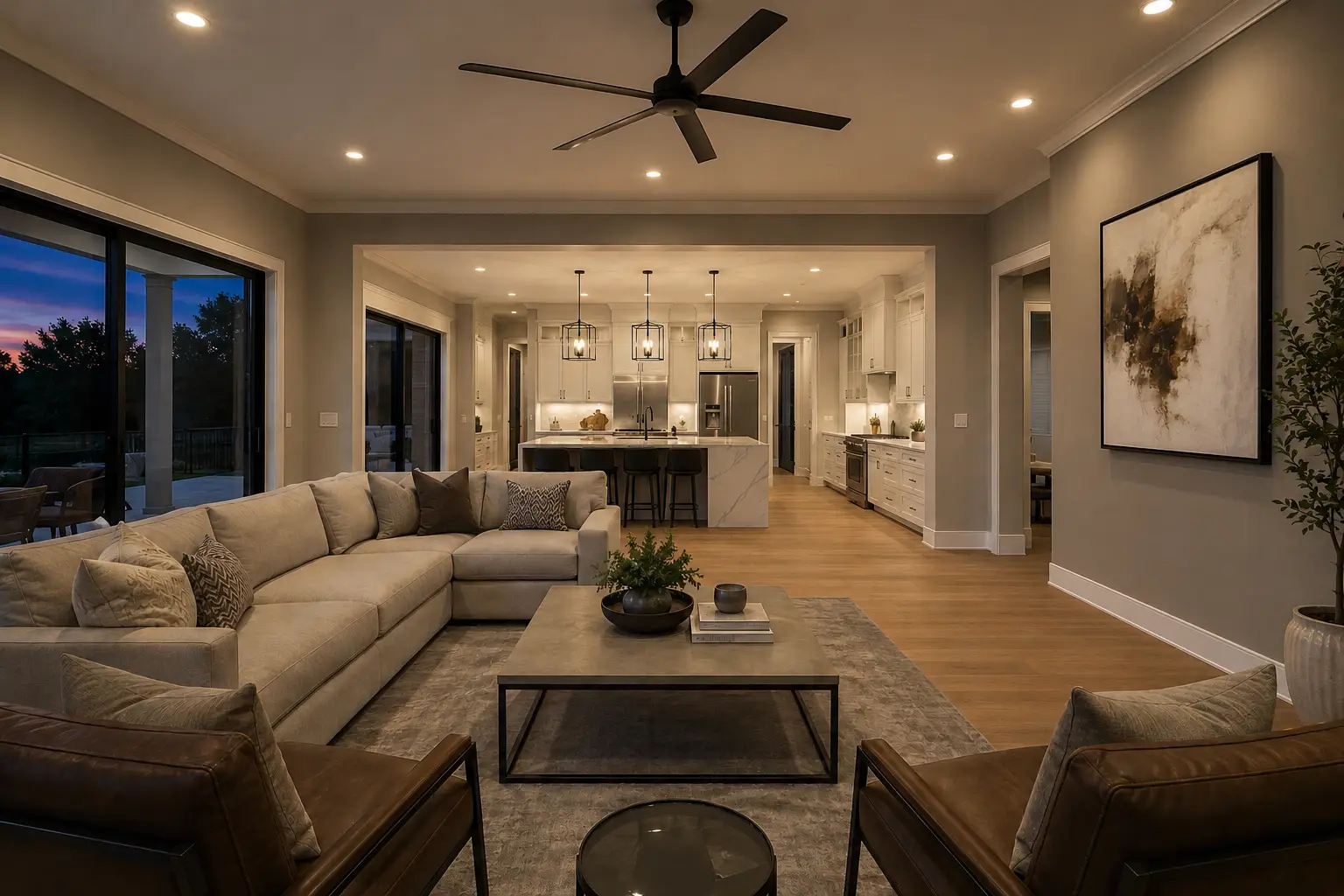 Modern living room with a beige Henry sectional sofa, two brown chairs, coffee table, large rug, abstract wall art, and open view to a stylish kitchen with pendant lights. Glass doors reveal a sunset view outside