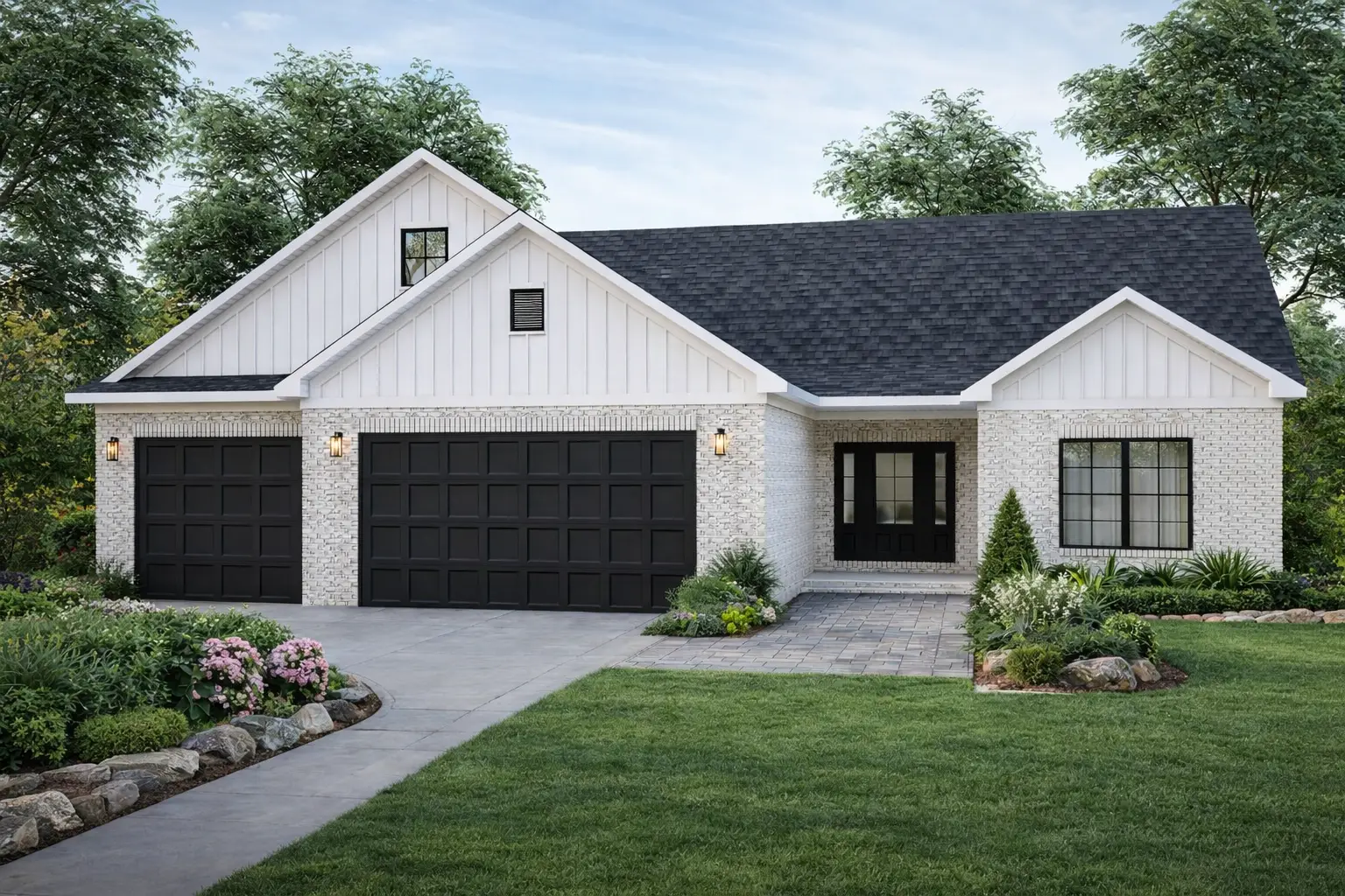 Modern white brick house with black garage doors, a gabled roof, and a well-kept lawn with shrubs and flowers. There are three garage doors and a small covered front porch with outdoor lighting. Trees surround the home