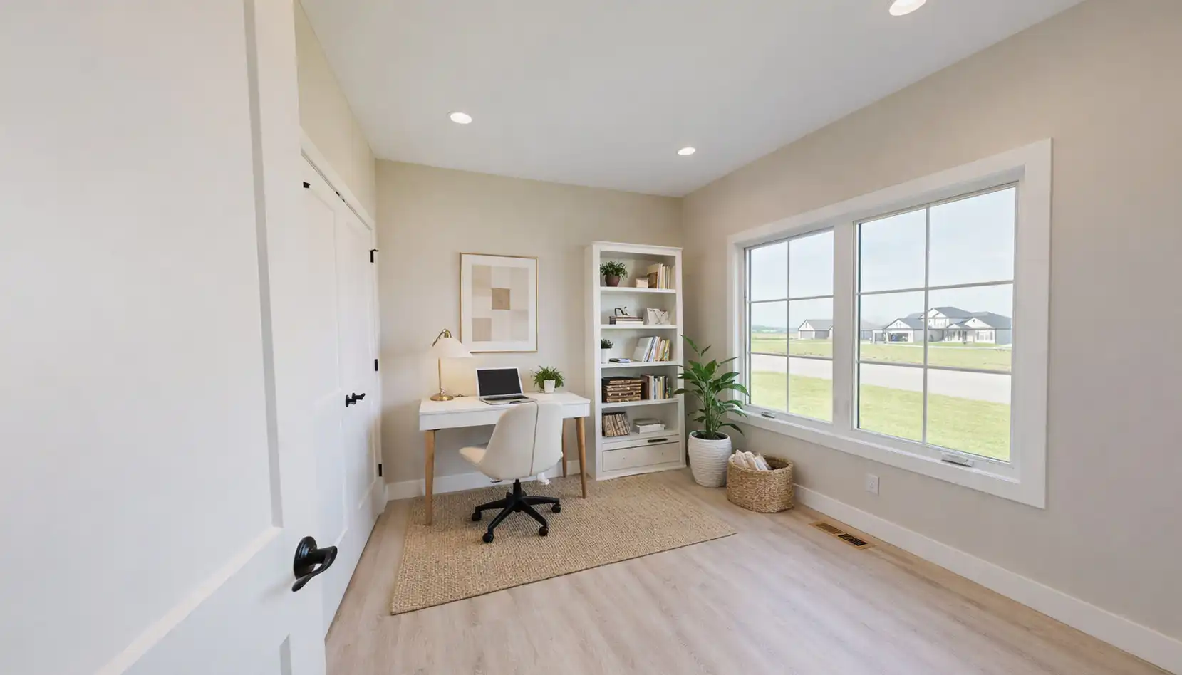 Bright home office with a DaVinci white desk, chair, laptop, lamp, bookshelf, and potted plants. Large windows let in natural light and show houses and grass outside. Walls are light-colored, and the floor is wooden