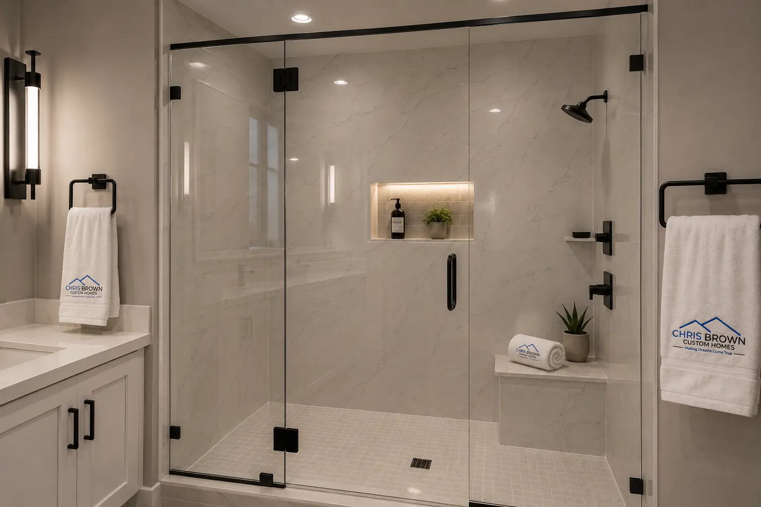 Modern bathroom with a large glass shower, marble walls, black fixtures, a built-in shelf with a plant and soap, and two white towels with the Henry logo hanging on either side