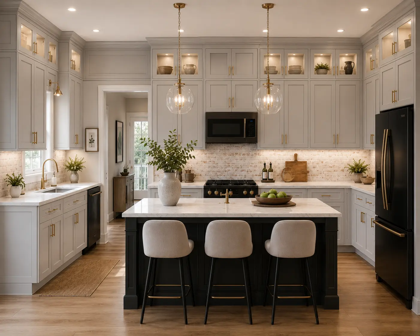 Modern kitchen with gray cabinets, a black island with three beige stools, pendant lights, stainless steel appliances, plants, and light wood flooring. Emma’s warm, inviting atmosphere is enhanced by the clean, elegant design