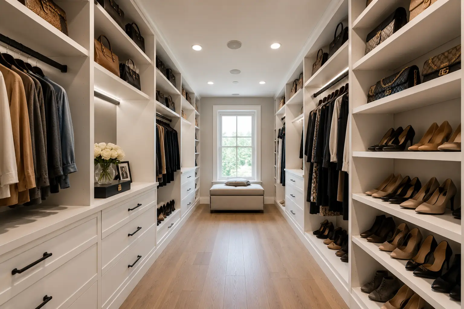 A spacious, well-lit walk-in closet with white shelves, drawers, hanging clothes, bags, shoes, a window at the end, and a cushioned bench beneath the window creates an elegant space reminiscent of Henry’s timeless sense of style