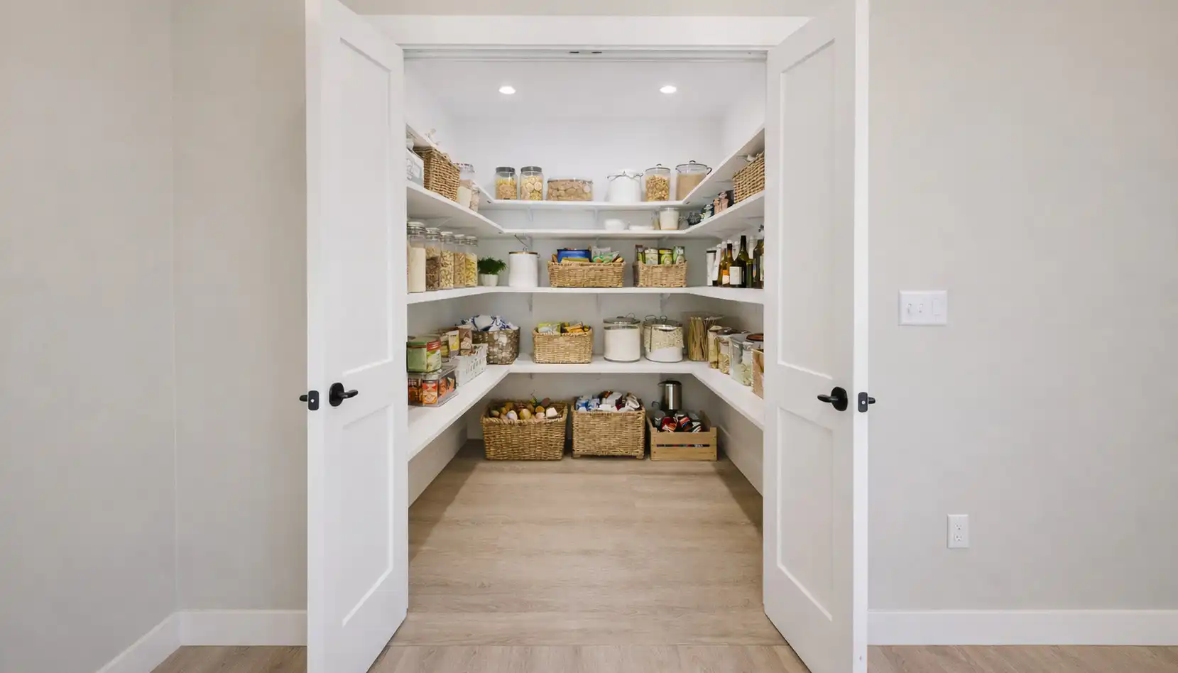 A tidy pantry with white shelves holds jars, baskets, and food containers. The double doors are open, and the floor is light wood. Reminiscent of DaVinci’s precision, the pantry is well-organized with labeled storage and plenty of space