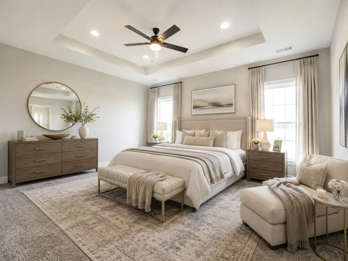A modern, neutral-toned Kirkwood bedroom with a large bed, bench, dresser, two windows with curtains, round mirror, armchair, and soft lighting, featuring beige and cream decor