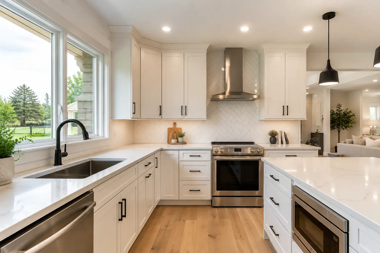 Modern kitchen with white cabinets, stainless steel appliances, a large window, black faucet, wood floors, and pendant lights. The Henry-inspired fixtures add a touch of elegance as the kitchen opens to a bright living area with a green outdoor view