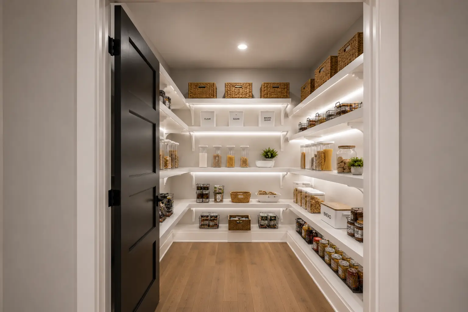 Modern pantry with white shelves, clear jars of dry goods, woven baskets on top shelves, and canned items neatly organized; Henry’s thoughtful touches are evident in the layout, complemented by a light wood floor and recessed ceiling light