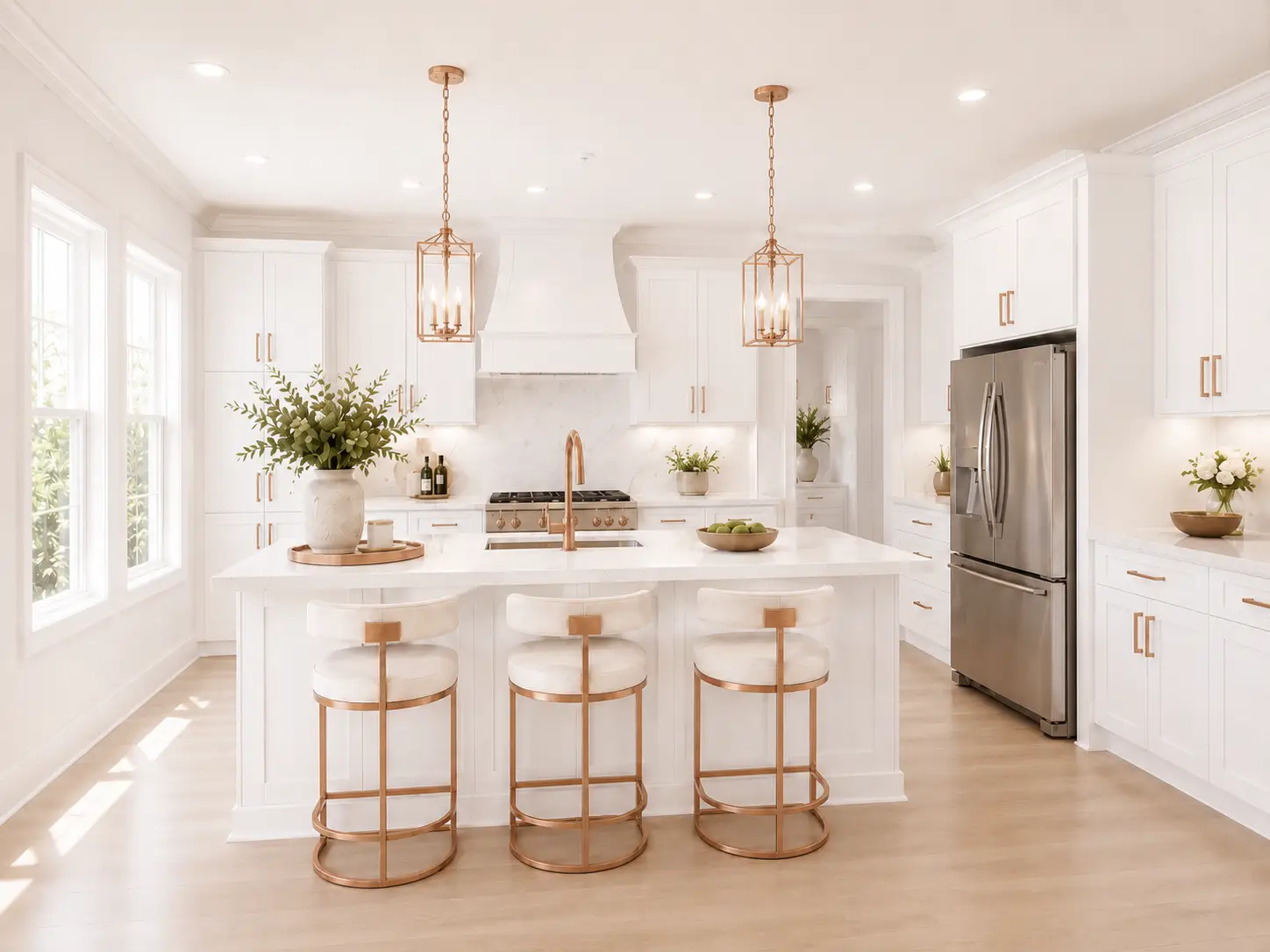 Bright, modern CAMRYN kitchen with white cabinets, stainless steel appliances, a large island with three stools, gold lighting fixtures, and potted plants for decor