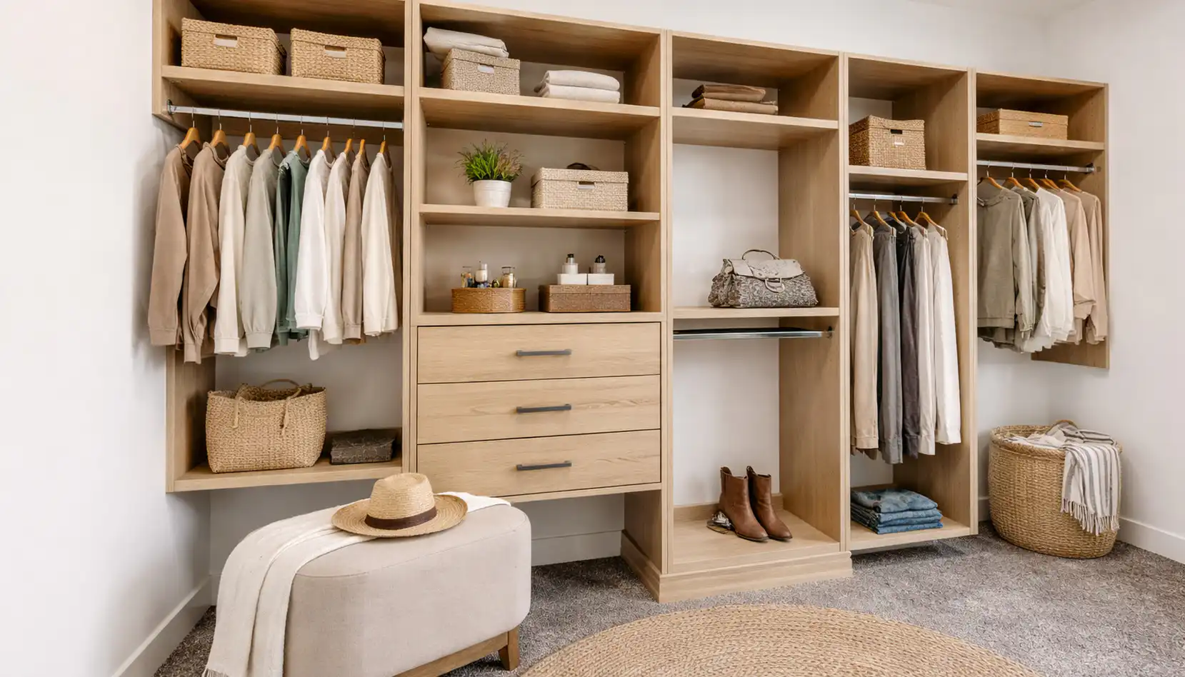A modern walk-in closet with DaVinci-inspired wooden shelves, hanging clothes, woven baskets, a beige ottoman with a hat, a rug, and organized accessories. Light, neutral tones create an airy, tidy feel