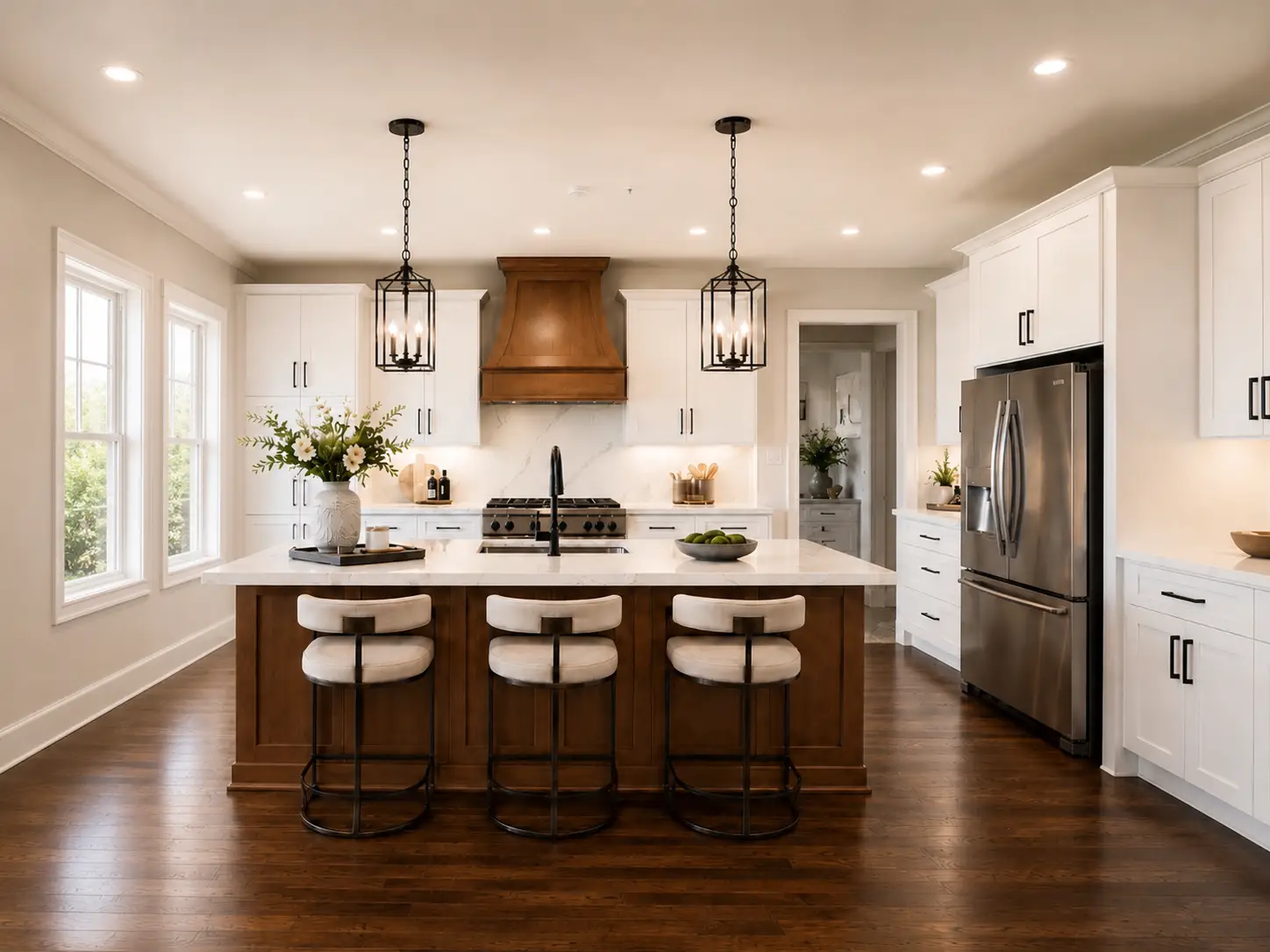 Modern CAMRYN kitchen with white cabinets, stainless steel appliances, an island with a wooden base and three cushioned stools, pendant lights above, and vases of flowers as decor. Large windows let in natural light