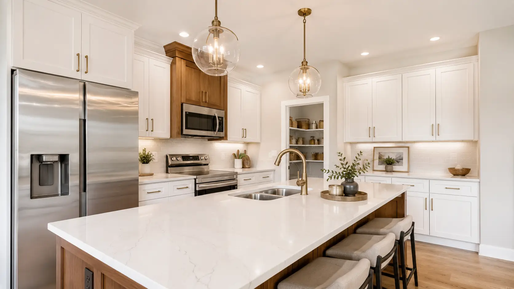 Modern Kirkwood kitchen with white cabinets, a large marble island with bar stools, stainless steel appliances, wood accents, pendant lights, and decorative plants on the counter