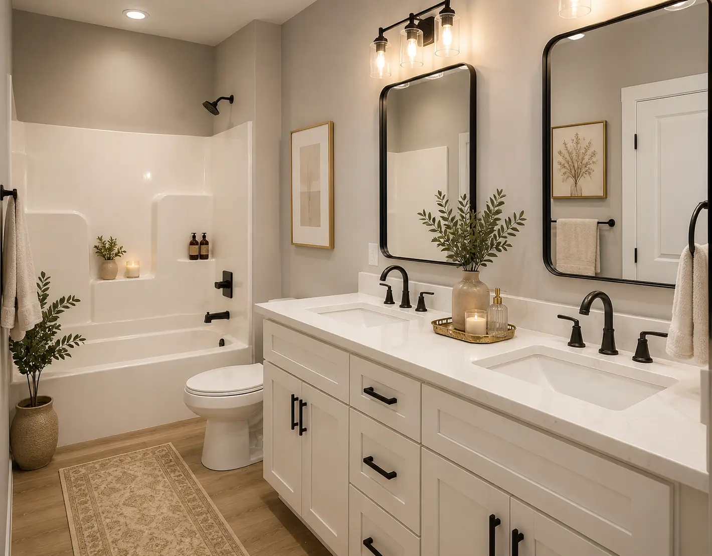 Modern Kirkwood bathroom with double sinks, white cabinets, black fixtures, a bathtub with shower, two mirrors, wall art, potted plants, and warm lighting above the vanity