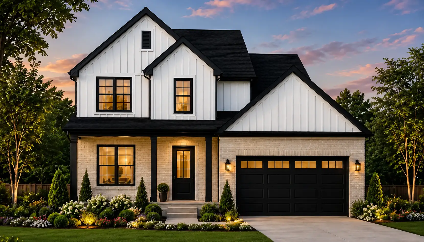 Modern two-story Brooklyn house with white siding, black trim, and a large black garage door. The front yard has manicured shrubs, flowers, and a concrete driveway. The house is lit warmly at sunset