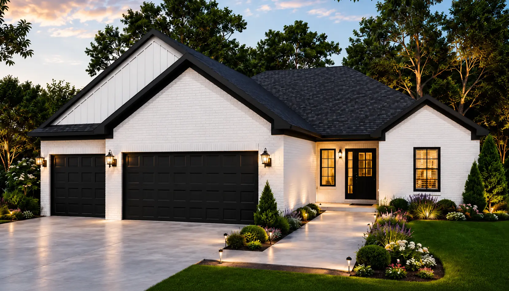 Single-story modern house with a white brick exterior, black roof, double garage doors, and a landscaped front yard with lights and shrubs—known as the Henry residence—captured at sunset with trees in the background