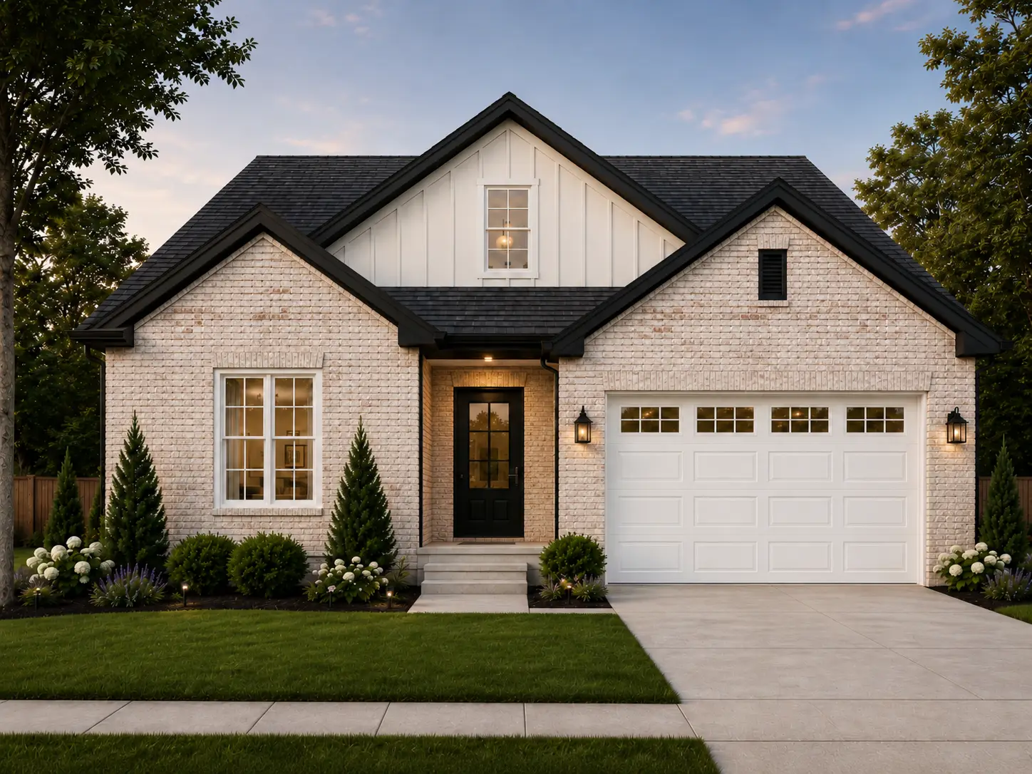 A modern, single-story brick house with black trim, a black front door, white garage door, manicured lawn, shrubs, and outdoor lights creates a welcoming ambiance at dusk—a perfect residence for someone like Liam