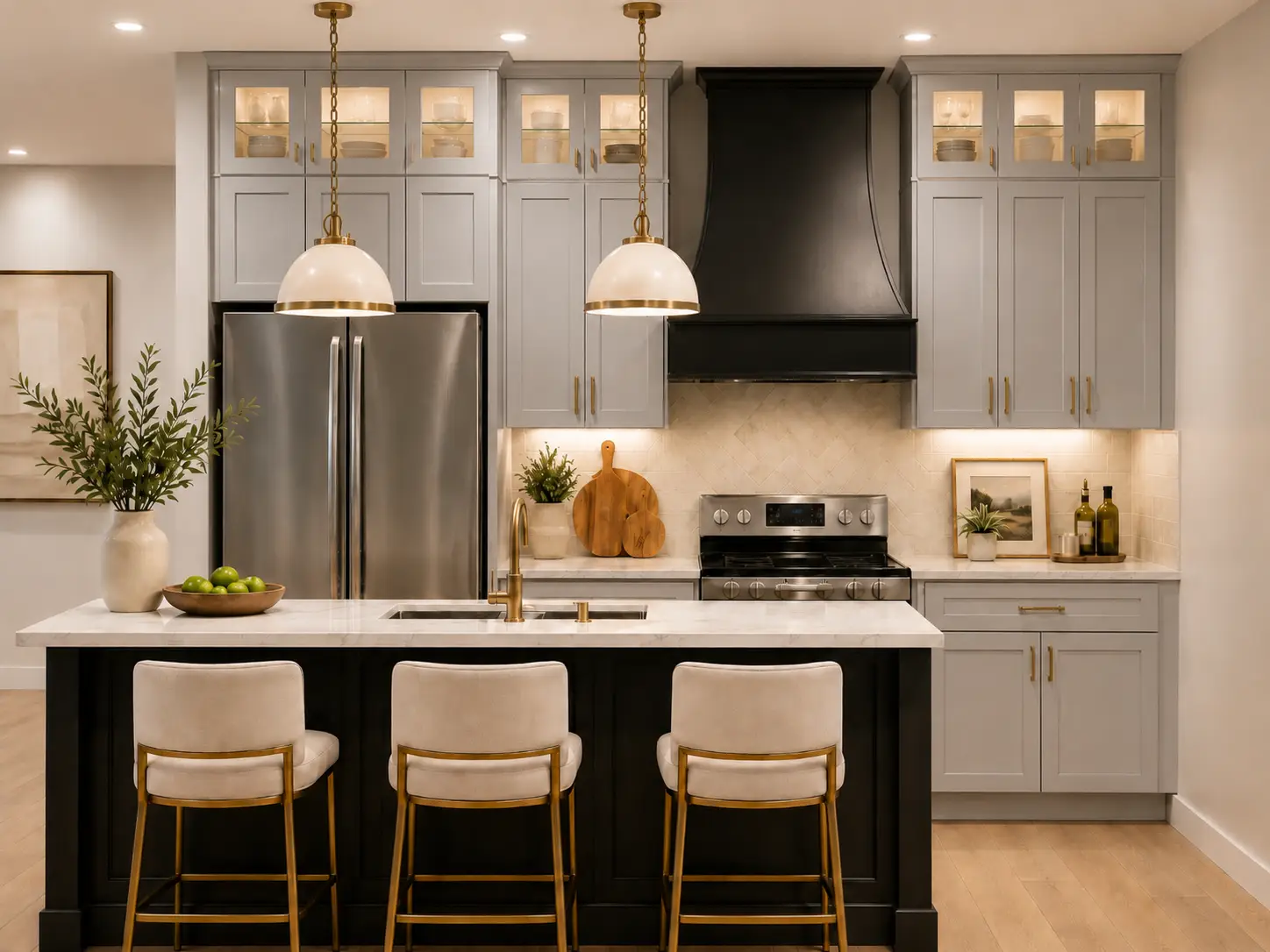Modern kitchen with gray cabinets, stainless steel appliances, black range hood, white countertop island, three white bar stools, pendant lights, and decorative items like plants and cutting boards—perfect for Liam’s culinary creations