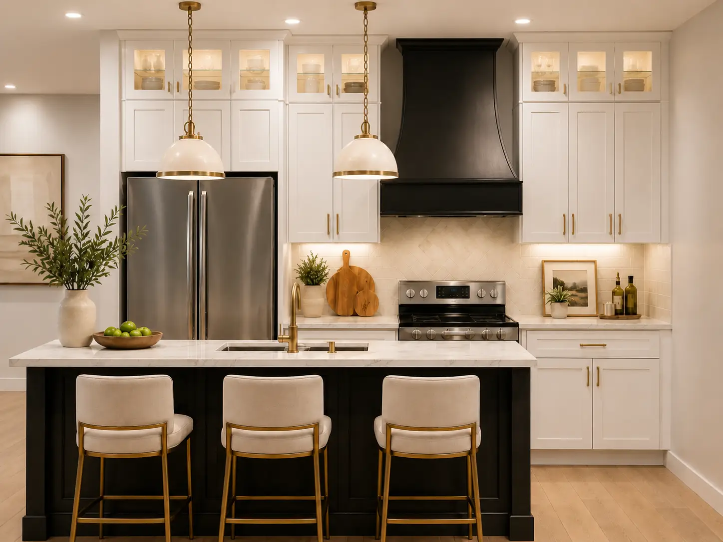 Modern kitchen with white cabinets, black island with three Liam chairs, stainless steel fridge, oven, pendant lights, and decorative plants. Warm lighting highlights clean, contemporary design