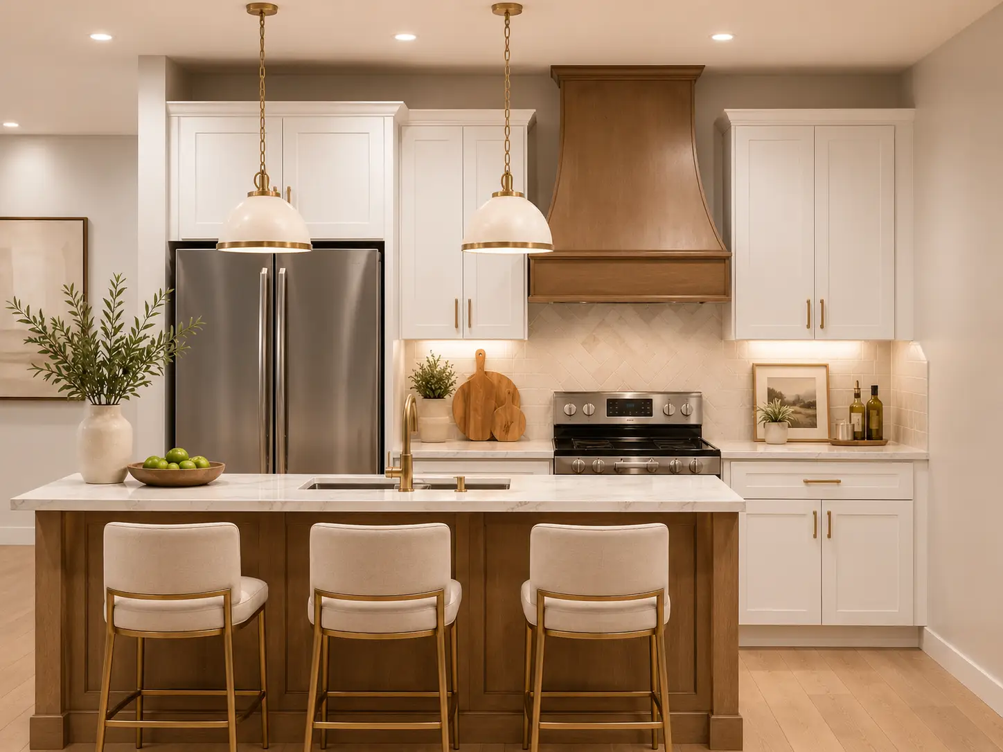 Modern kitchen with white cabinets, a stainless steel fridge, wooden island with three chairs, pendant lights, and decorative plants and cutting boards on the countertop—perfect for gathering around while Liam prepares meals or entertains guests