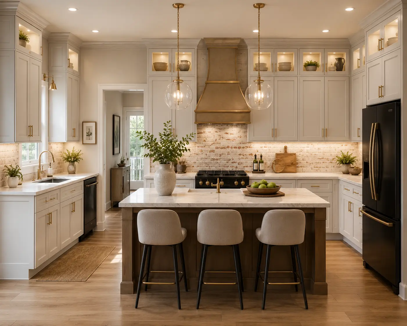 Modern kitchen designed by Emma, featuring white cabinets, gold accents, a center island with three beige stools, pendant lights, black fridge, stove with a gold range hood, and decorative plants on counters and shelves