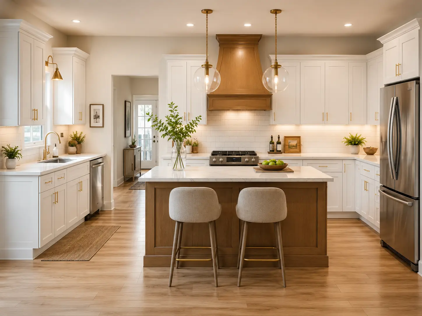 Modern kitchen with white cabinets, wooden island, two beige stools, stainless steel appliances, pendant lights, and decorative plants on counters—Emma’s dream space set in a bright, spacious room with wood floors