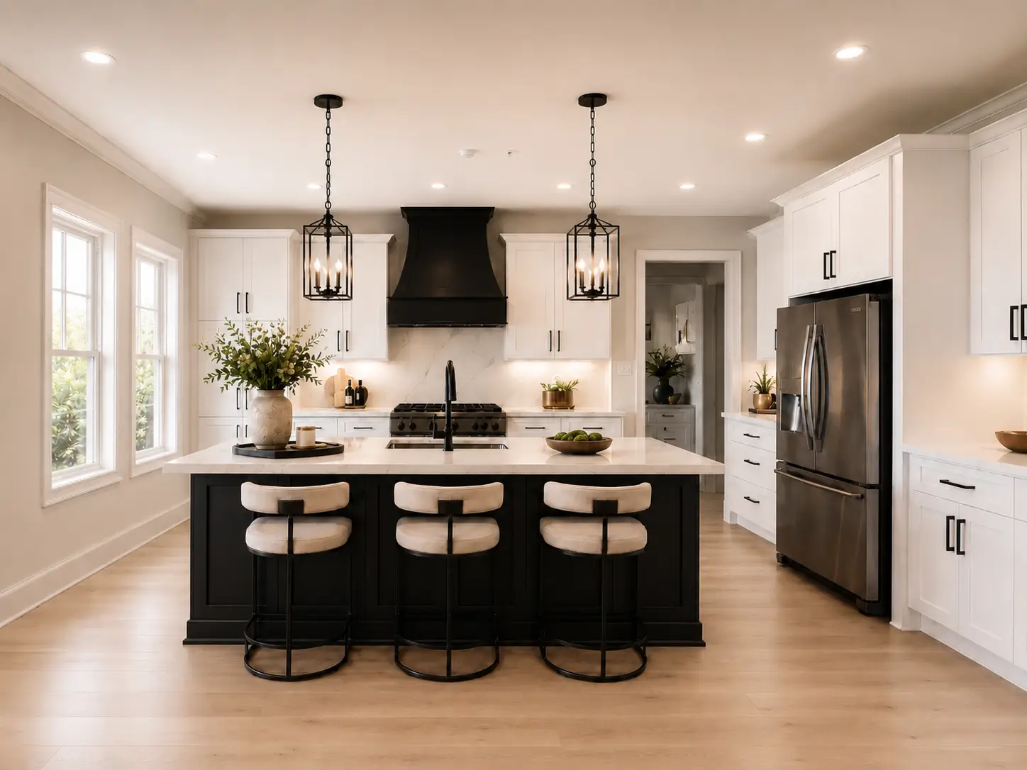 Modern CAMRYN kitchen with white cabinets, stainless steel appliances, a black island with four cushioned stools, pendant lights, and wooden floors. Large windows provide natural light, and decorative plants sit on the counters