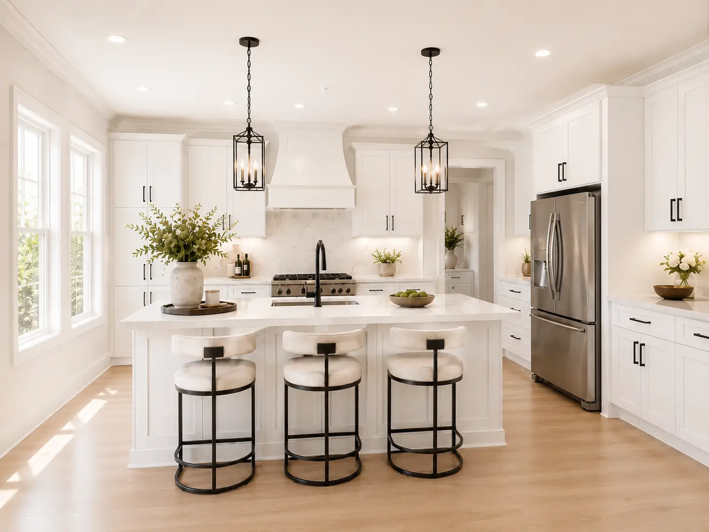 Bright modern CAMRYN kitchen with white cabinets, stainless steel appliances, an island with three cushioned stools, pendant lights, and decorative vases with greenery. Light wood flooring and large windows provide a spacious feel