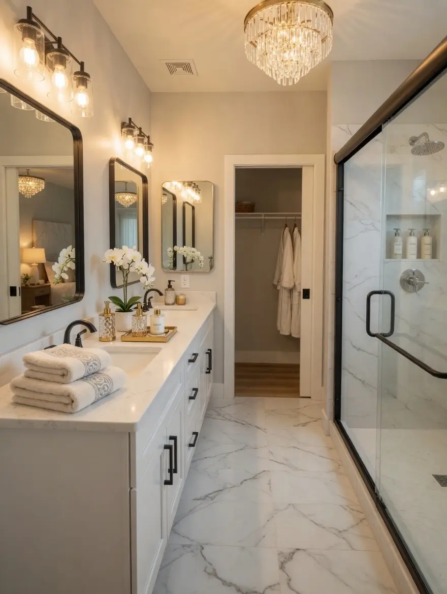 Elegant Rockwell-inspired bathroom with marble floor, double sink vanity, mirrors, glass-enclosed shower, modern lights, and a chandelier. Towels and a white orchid decorate the countertop. A walk-in closet with robes is visible in the background