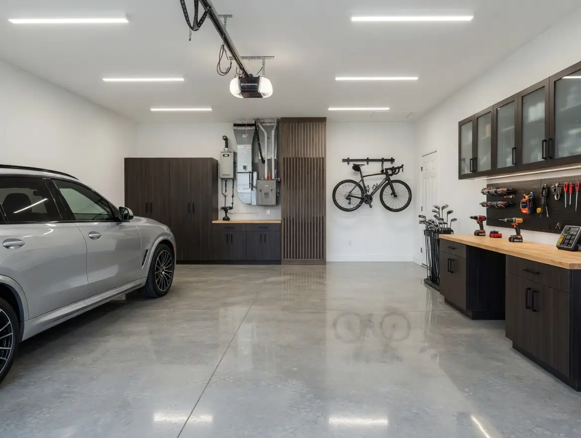 A modern, organized garage with a silver SUV, Rockwell wall-mounted cabinets, a bike on the wall, golf clubs, and a tidy workbench with tools. The floor is polished concrete and the space is brightly lit