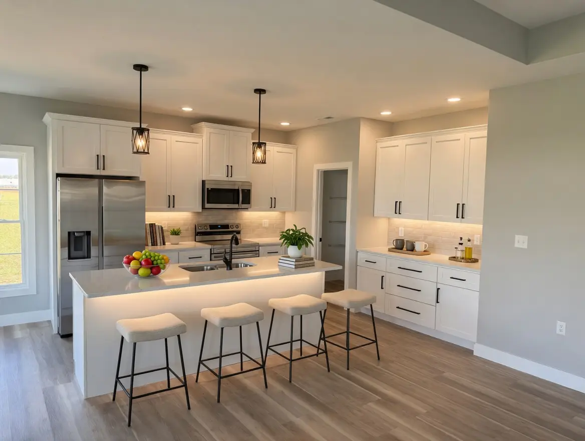 Modern Rockwell kitchen with white cabinets, stainless steel appliances, a center island with four stools, pendant lighting, fruit bowls, and a plant. Light wood flooring and bright, natural lighting complete the room
