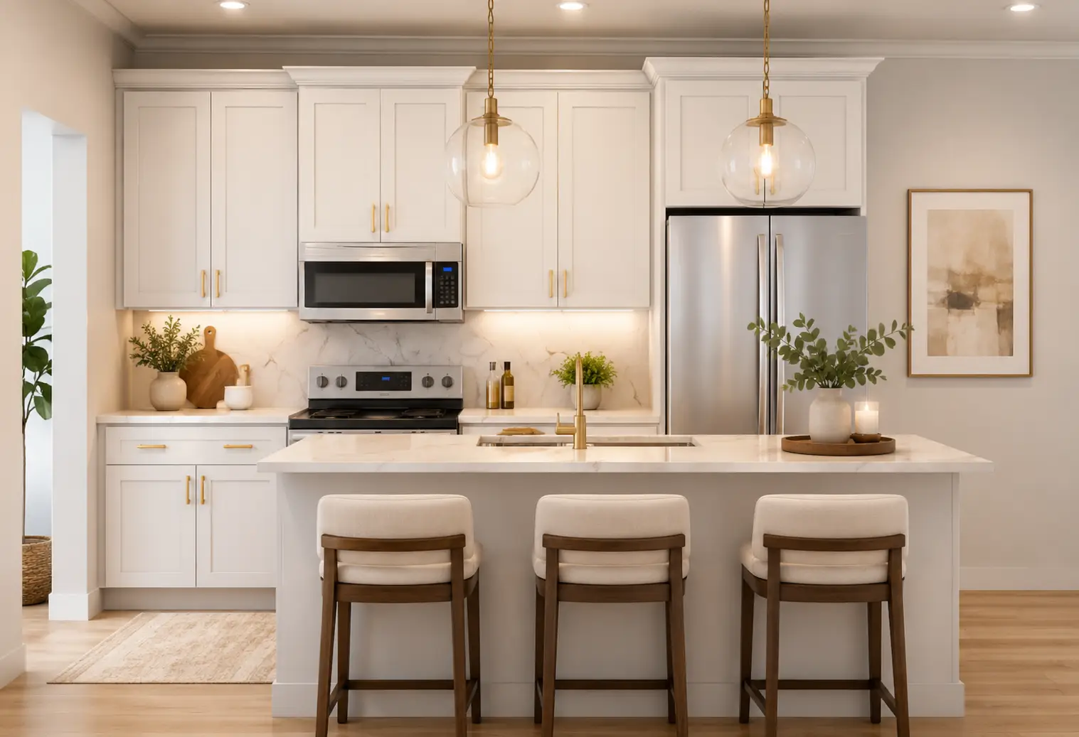 Modern Brooklyn kitchen with white cabinets, stainless steel appliances, a marble island with three stools, pendant lights, and decorative plants and art on the wall. Warm lighting creates an inviting atmosphere