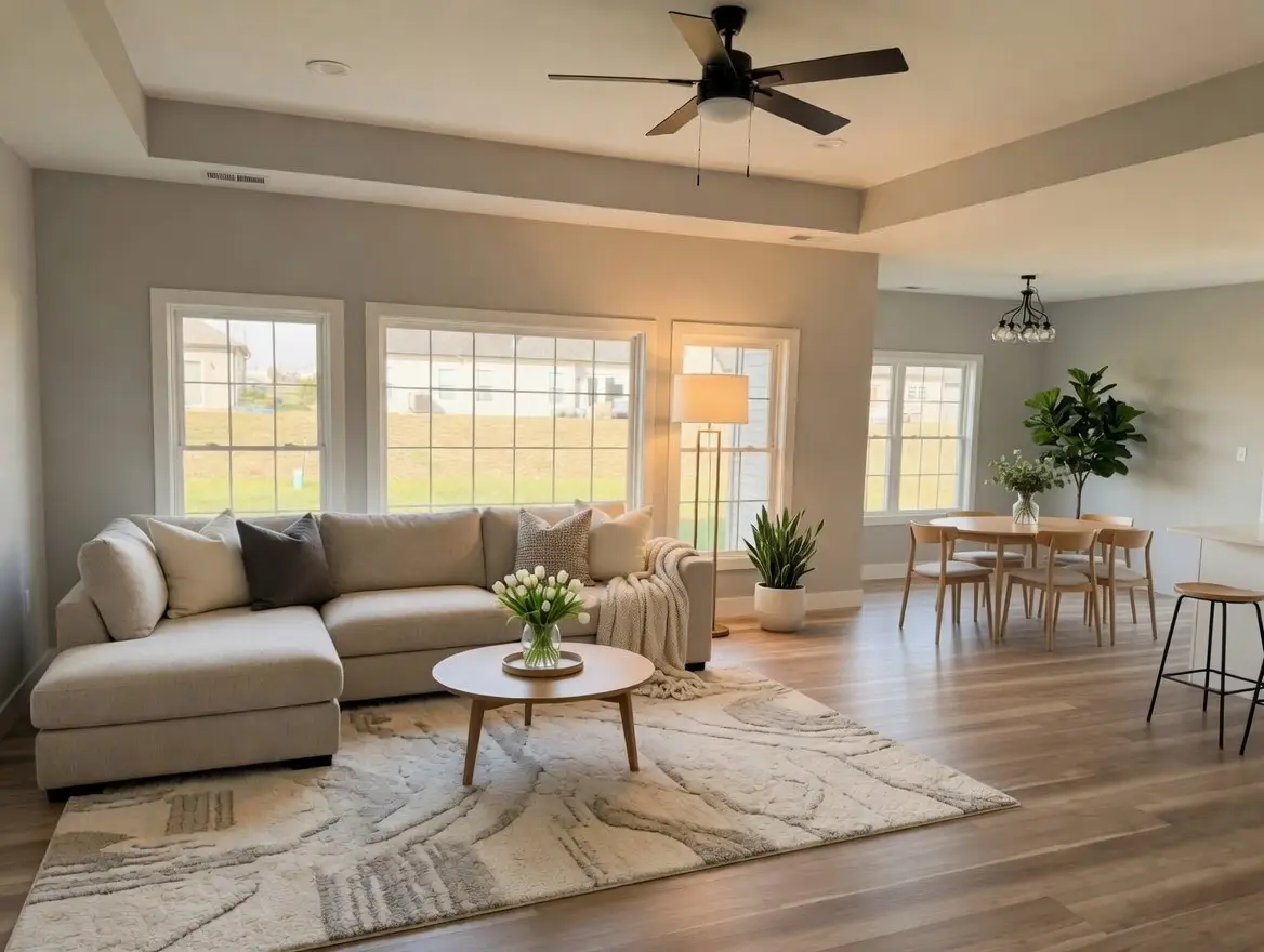 A modern living room designed in the Rockwell style features a beige sectional sofa, round coffee table, floor lamp, indoor plants, and large windows. The adjacent dining area has a wooden table with chairs and a decorative plant
