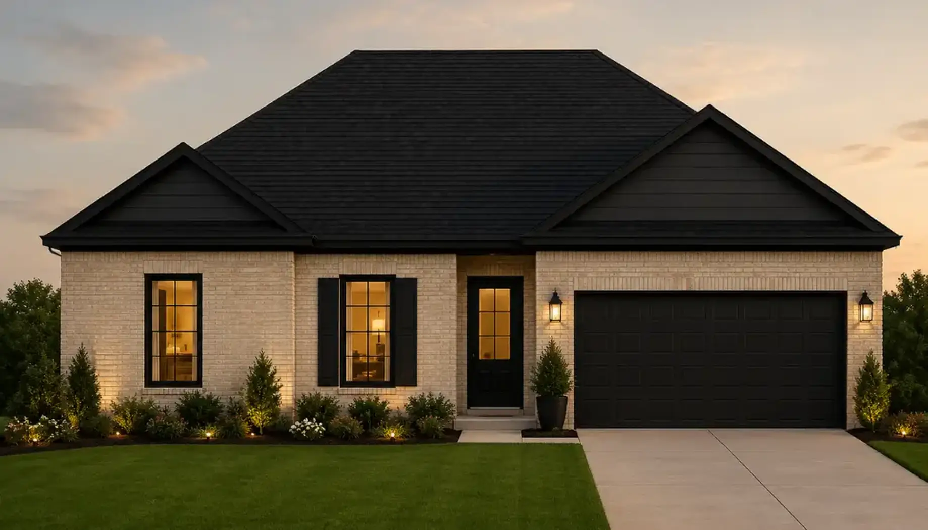 Single-story Kirkwood house with beige brick walls, black roof, shutters, door, and garage. Warm lights illuminate the windows and entry, with neatly trimmed bushes and green lawn in front. Sky is dusky