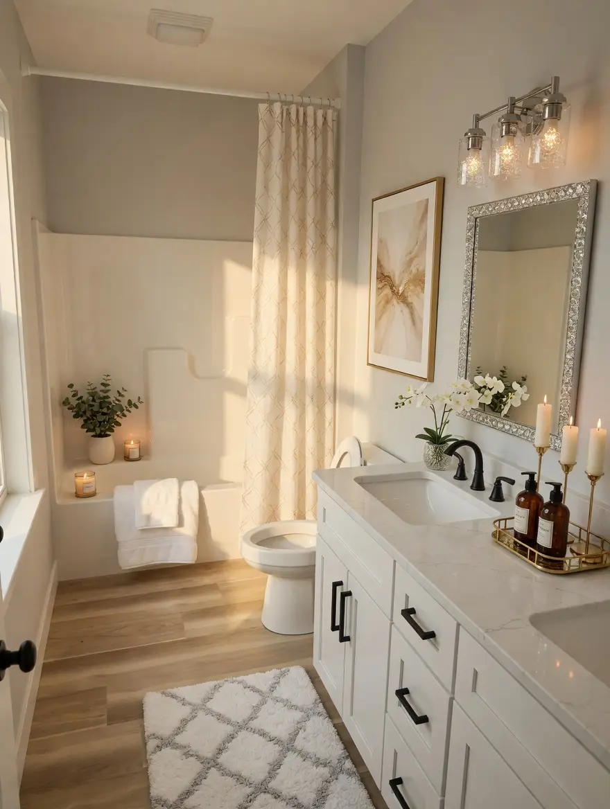 Modern bathroom with white cabinets, a double sink, a large mirror, candles, plants, a patterned shower curtain, and a piece of abstract art on the wall. Natural light streams in, highlighting the warm, inviting decor reminiscent of Rockwell-inspired charm