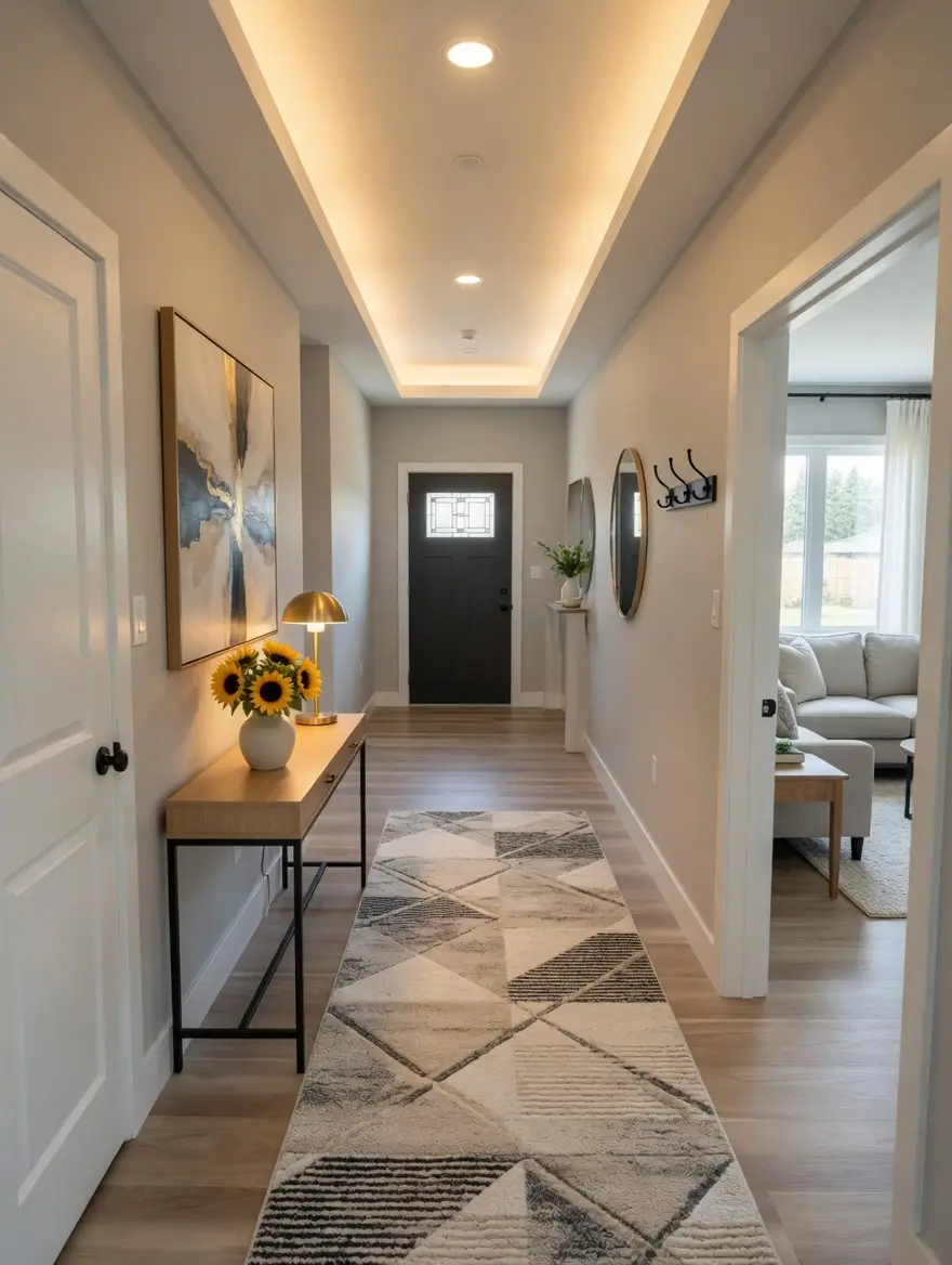 Hallway with a geometric rug, Rockwell-inspired console table adorned with sunflowers, lamp, and art. Round mirror and coat hooks on the wall. Open door reveals a bright living room with a sofa and window