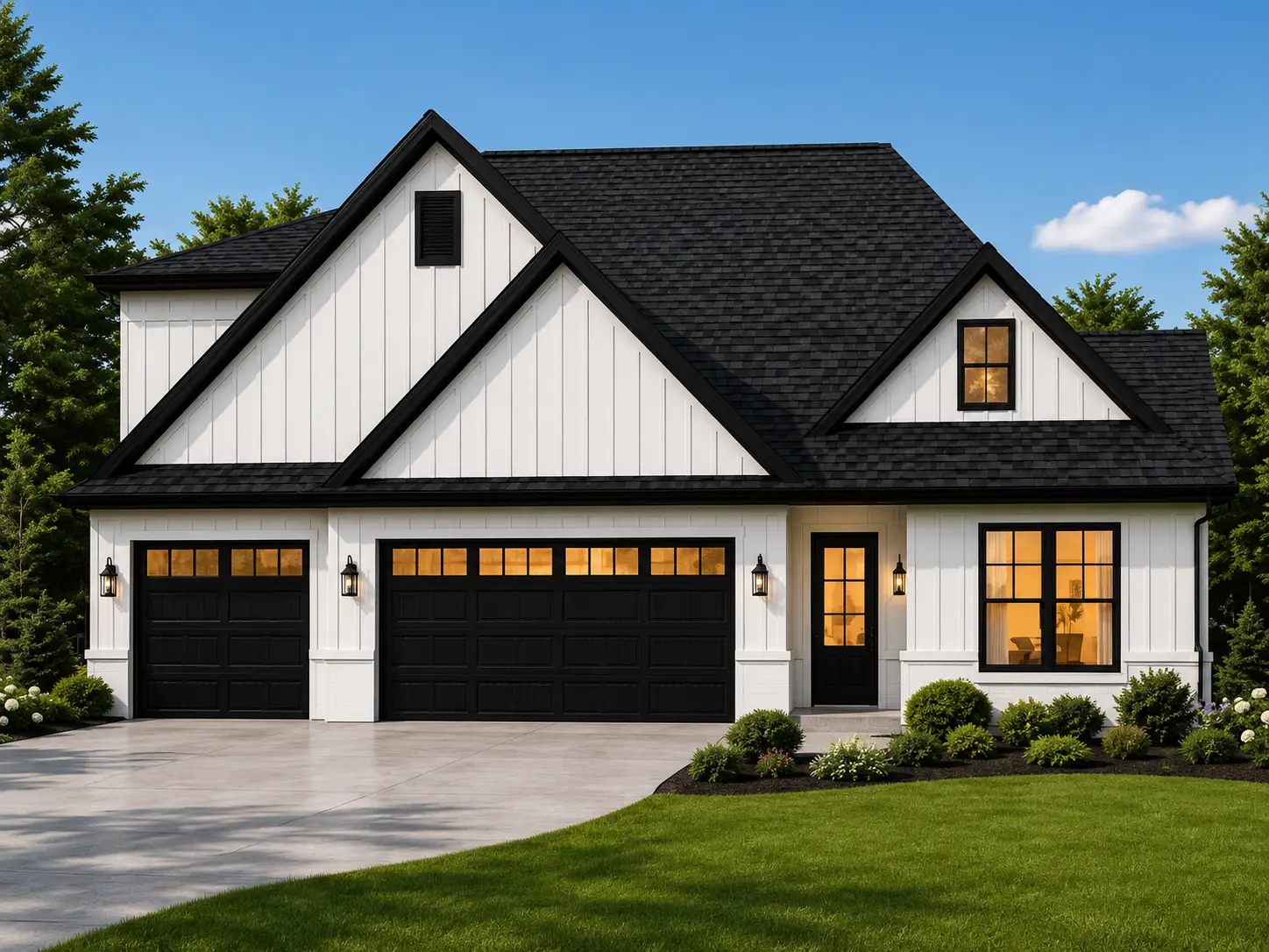 Modern two-story house with white vertical siding, black trim, three-car garage, black roof, and large lit windows. Manicured lawn and shrubs border the driveway of this striking Theo residence. Trees and blue sky in the background complete the inviting scene