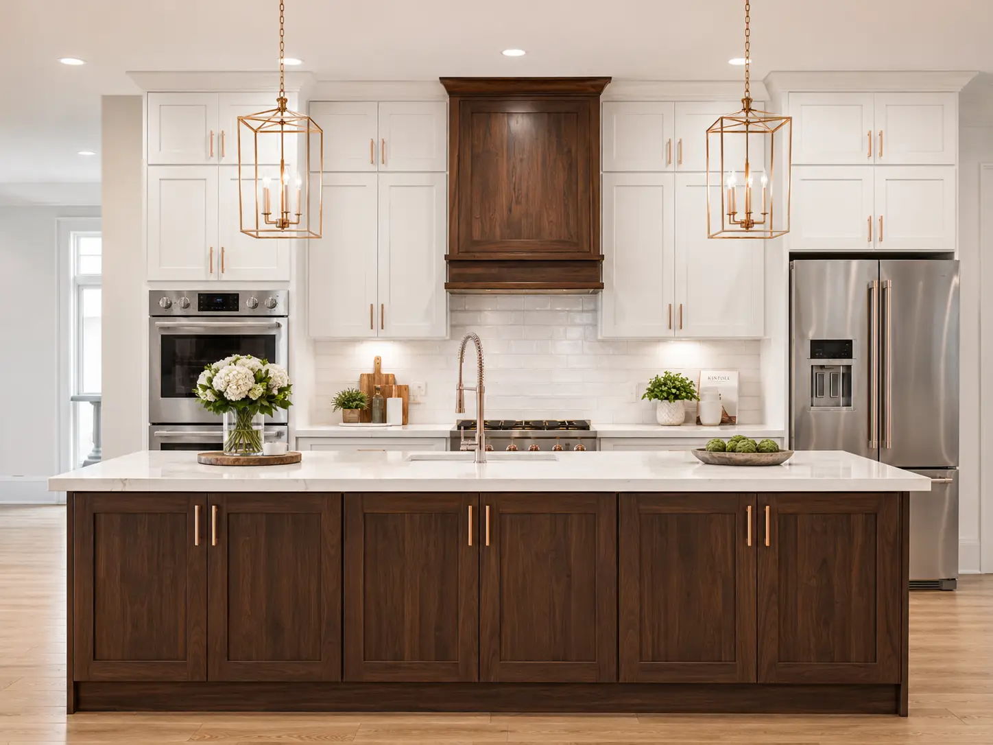Modern kitchen with white upper cabinets, dark wood lower cabinets and island, stainless steel appliances, pendant lights, subway tile backsplash, a vase of flowers, and a bowl of green apples on the countertop—this inviting space showcases Theo’s impeccable eye for contemporary design