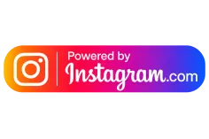 A rectangular badge with a gradient background, Instagram logo on the left, and white text reading Powered by Instagram.com on the right.