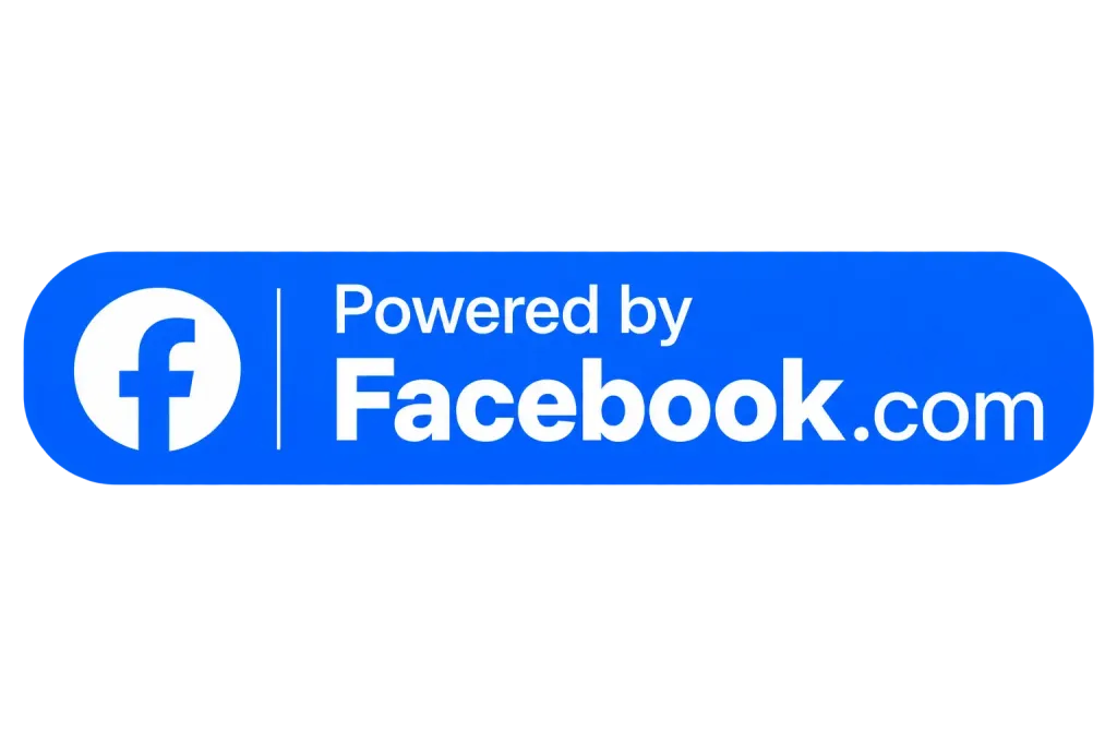 A blue button with the Facebook logo on the left and the words Powered by Facebook.com on the right, all on a white background.