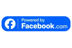 A blue button with the Facebook logo on the left and the words Powered by Facebook.com on the right, all on a white background.