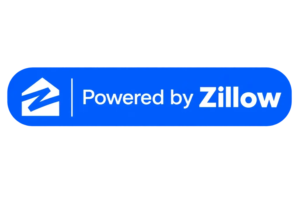 A blue rounded rectangle with a white house symbol on the left and the words Powered by Zillow in white and blue text on the right.
