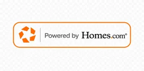 The image shows an orange geometric house icon next to the text Powered by Homes.com® inside an orange rectangular border on a transparent background.