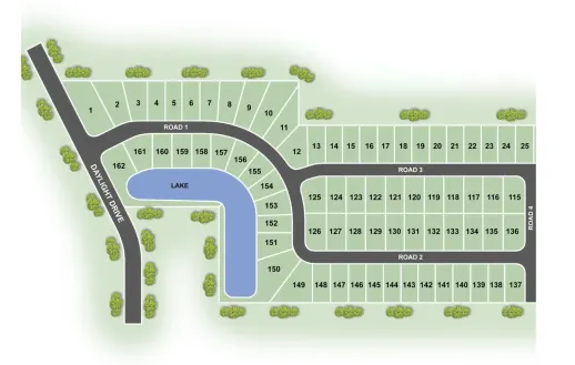 A site map of the Daylight Estates subdivision shows three roads, a lake, numbered lots 1–161, and scattered trees. Road 1 loops around the lake, with Roads 2 and 3 running parallel to the right.