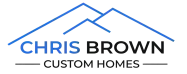 Logo with two blue outlined roof shapes above the words Chris Brown (Chris in blue, Brown in black) and Custom Homes in black capital letters below. White background. Perfect for an award winning builder or home builder looking to showcase their professionalism and expertise.