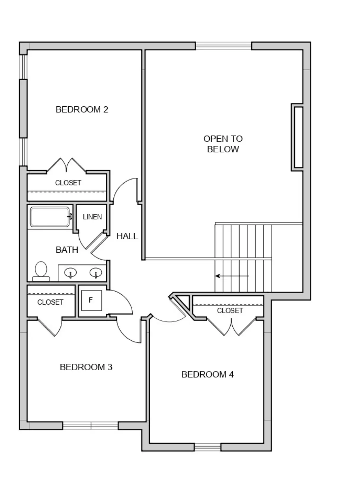 Brooklyn second-floor plan with three bedrooms, bathroom, staircase, closets, and open loft.
