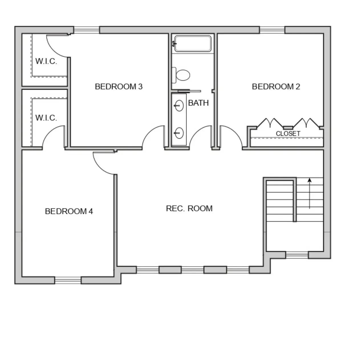 CAMRYN floor plan with three bedrooms, shared bath, walk-in closets, recreation room, and stairwell.