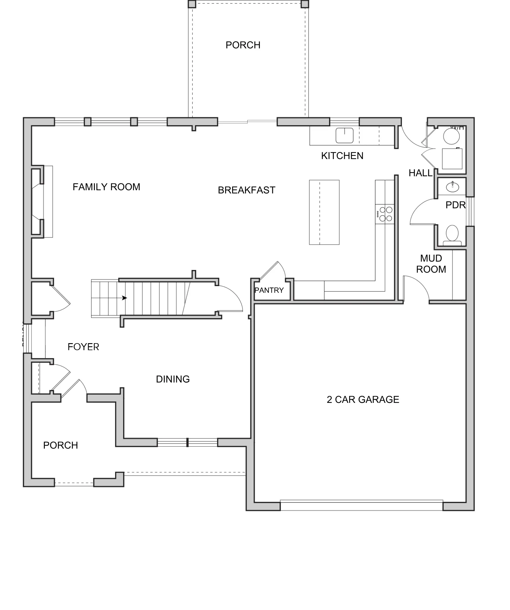 Emma first-floor home plan with open kitchen, porches, and two-car garage.
