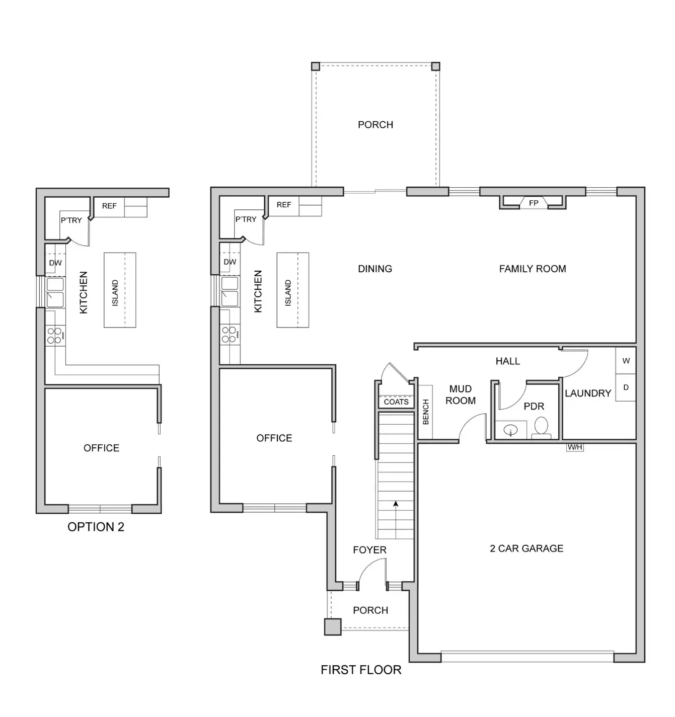 Henry first-floor plan with open living area, office, covered porch, and two-car garage.