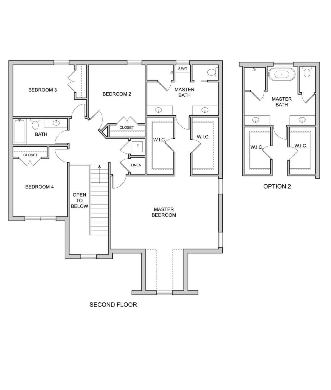 Henry second-floor plan with four bedrooms, two bathrooms, closets, and master bath options.